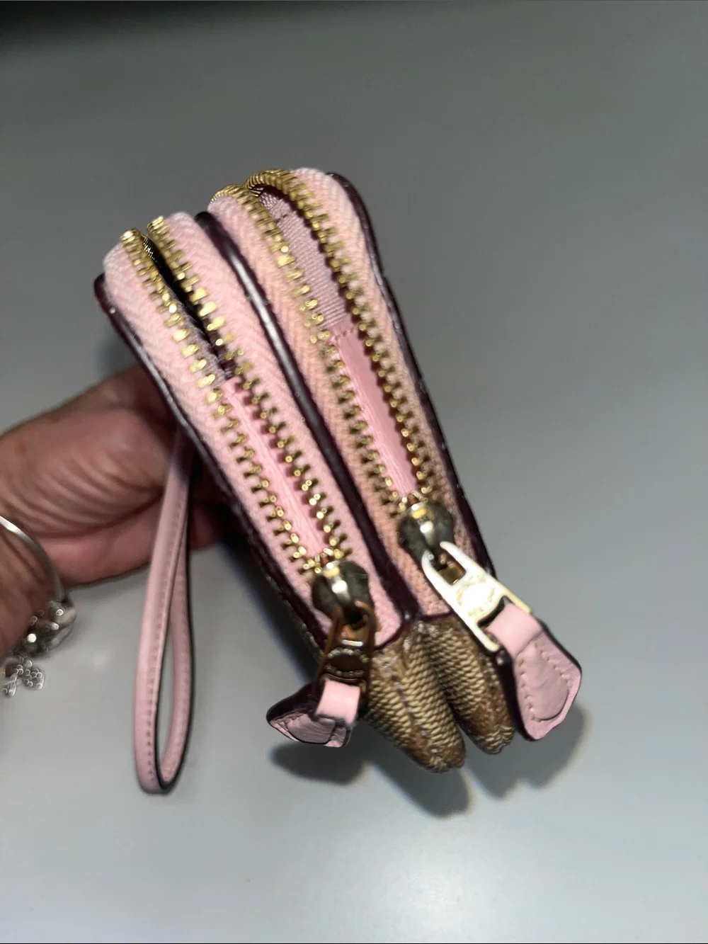 Coach Brown Signature Canvas Wristlet with Pink Trim